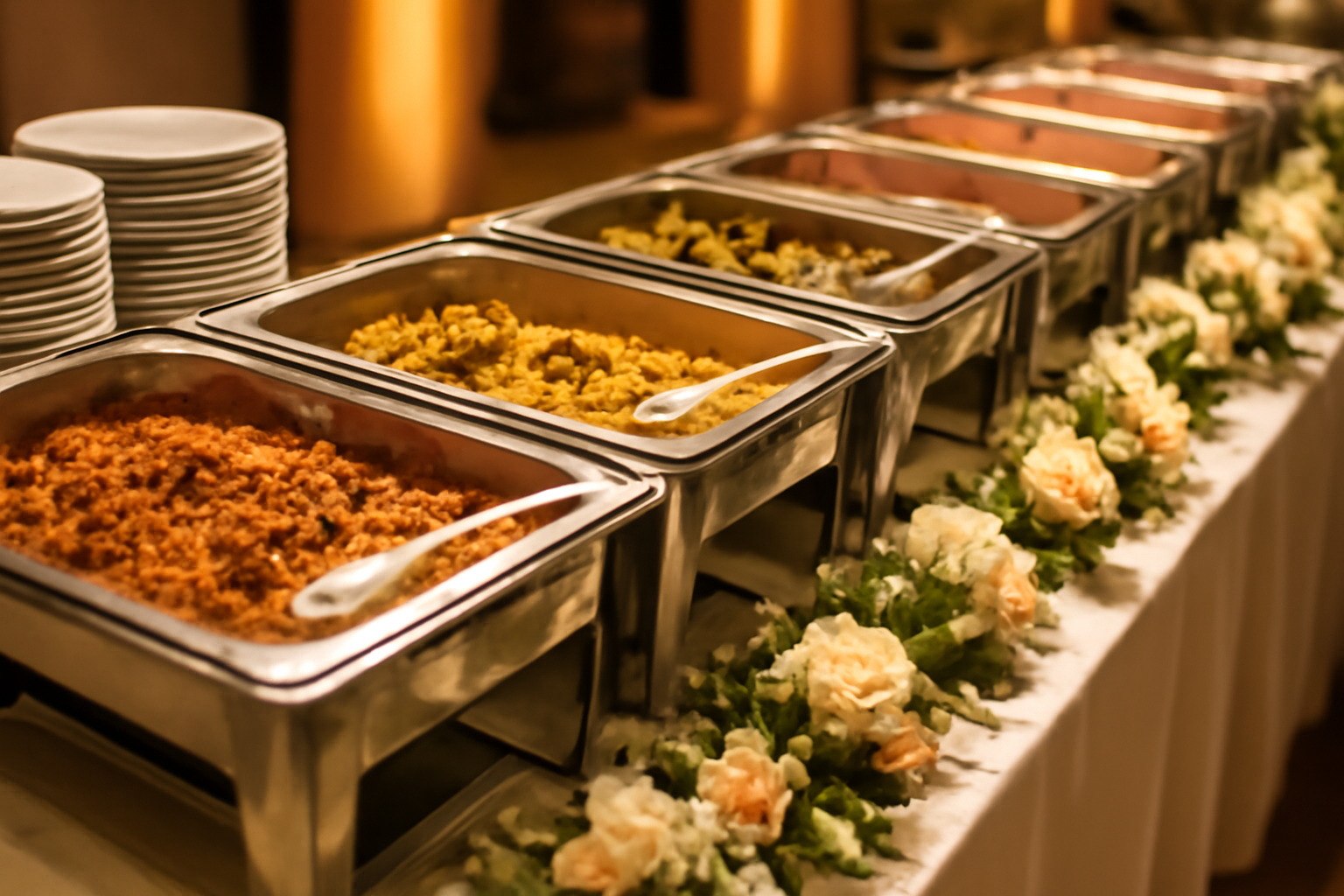 Meja prasmanan pernikahan dengan aneka lauk dalam chafing dish dan piring bertumpuk